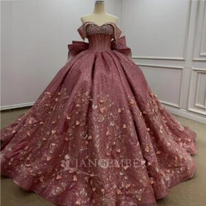 Shiny Princess Quinceanera Dresses Off Shoulder Applique Lace Beading Bow Corset Customized Sweet 16 Dress Ball Gown Vestidos