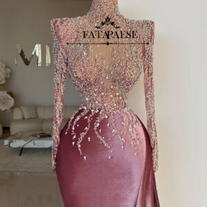 FATAPAESE Customized Maxi Evening Dress with a Side Train Prom Gown Top Lace Beaded and Bottom Velvet Skirt Sheath Fit Gown