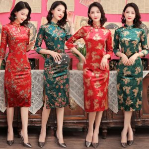 High Elastic Spring Golden Fleece Bronzing Mid-Length Mom Wear Dress Belly Covering plus Size Daily Cheongsam