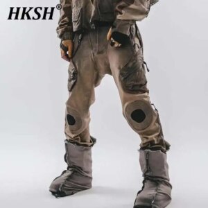 HKSH Autumn Winter New Men’s Tide Punk Waste Land Multi Pockets Zipper Pants Adjustable Waist Staining Vintage Techwear HK2391