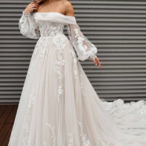 White Wedding Dress Long Sleeved Lace Decal Off Shoulder A-line Luxury Bridal Gown Custom Bridal Dress