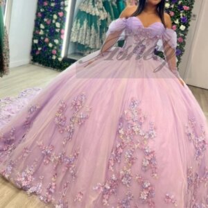 Charming Lilac Princess Girl Quinceanera Dresses Flower Applique Lace Up Ball Gown Sweep Train Prom Party Dress Pageant Vestido