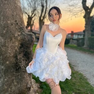 Boho V-line Beaded Handmade Flowers Short Mini A-line Wedding Party Dress for Women Wedding Bridal Gown vestidos de novia 2025