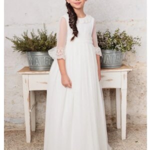 Flower Girl Dresses With White Bow Half Sleeves For Wedding Birthday Holy Communion Banquet Princess Gowns White Lace Appliques