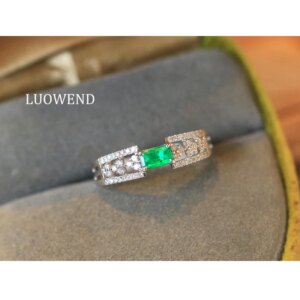 LUOWEND 100% 18K White Gold Rings Vintage Style Shiny Diamond Natural Emerald Gemstone Ring for Women High Anniversary Gift