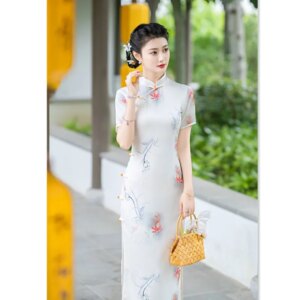 Old Shanghai Retro National Style Long Cheongsam Qi Pao Summer New Improved Chinese Short Sleeve Daily Dress