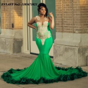 EVLAST Customized Aso Ebi Green Feather Prom Dress Mermaid Silver Crystal Beaded Black Girls African Birthday Party Gowns E2P345