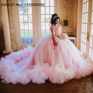 EVLAST Customized Shiny Pink Ball Gown Quinceanera Dress Lace Applique Crystal Beaded Tiered Sweet 16 Vestidos De 15 Anos E1Q653