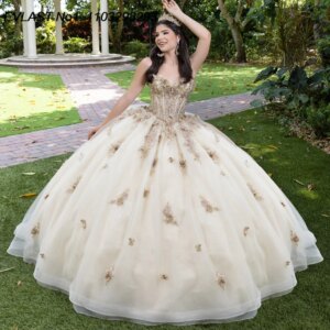 EVLAST Customized Beige Ball Gown Quinceanera Dress Butterflies Applique Beading Bow Sweet 16 Party Vestidos De 15 Anos E1Q695