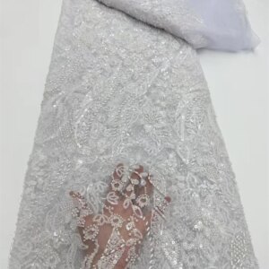 White Luxury African Sequin Lace Fabric 2025 High Quality French Nigerian Groom Bead Lace Fabric for Sewing Wedding Dress Q410-1