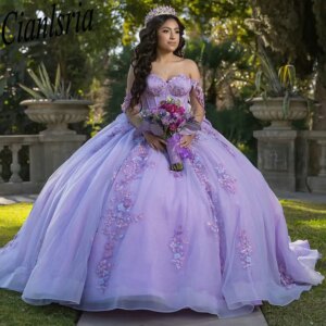 Lilac Floral Appliques Lace Bow Quinceanera Dresses Ball Gown Off The Shoulder Sweet 15 Años Mexican Customized