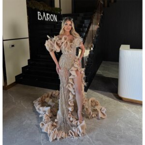 Cathy Customized Luxury Off Shoulder Crystal Prom Dresses Beading Edge Curl vestidos de noiva Illusion Side Split Evening Dress