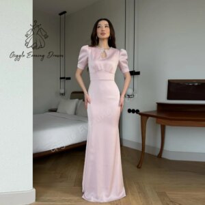 Giggle Customized Beads Satin Short Sleeves A-Line Fashion Tiered Ruched elegant Formal Saudi evening gala dress for women 2025