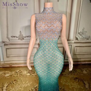 MisShow Customized Crystal Gradient Evening Dress Black Girl High Neck Mermaid Gown for Galas & Black Tie Events
