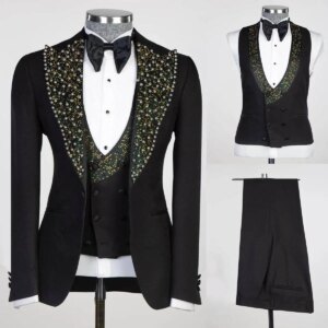 Vintage Beaded Wedding Tuxedos 3 Pcs Custom Made Groom Suits Formal Wear Tailored Men Prom Birthday Party Pants Suits