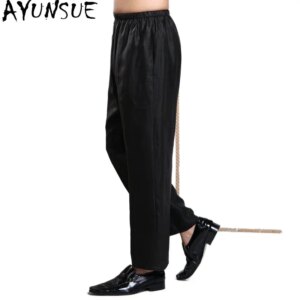 AYUNSUE 100% Mulberry Silk Men Trousers Summer Breathable Pants Casual Mens Clothing Straight Black Pantaloni Uomo 2025