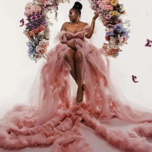 Pink Maternity Dress for Photo Long Ruffled Fluffy Celebrity Dresses Photo Shoot for Pregnancy Customized Sheer Outfit Wear