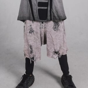 Wasteland Style Wear Ripped Distressed Washed Elastic Waist Cropped Casual Pants Shorts for Men