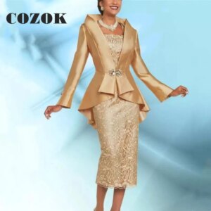Gold Elegant Tea Length Mother Of The Bride Dress Long Sleeve Wedding Guest Dress Formal Evening Gowns Vestidos De Fiesta SX76M