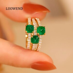 LUOWEND 100% 18K Yellow Gold Rings Fashion INS Style Shiny Diamond Natural Emerald Swat Ring for Women High Engagement Jewelry