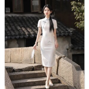 Women’s Mid-Length Cheongsam Qi Pao Spring/Summer New Retro National Style Single-Layer Dress