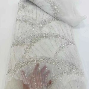 African Lace Fabric 2025 Handmade Beaded Lace Fabric France Sequins Nigerian Embroidery Bridal Mesh Lace Fabric For Sewing