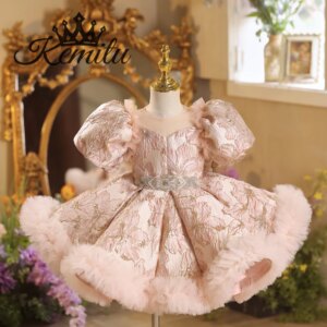 Elegant Pink Satin Girl Dresses  Knee Length for Kids Wedding Birthday Holiday Party Gown
