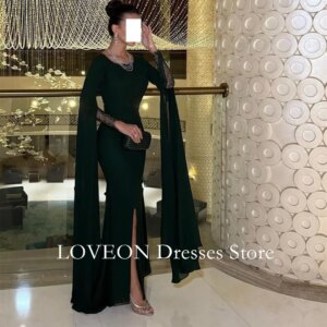 O-Neck Green Side Slit Formal Evening Dresses Full Sleeves Mermaid فساتين سهرة Customized Elegant Prom Growns Party Women