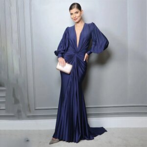 Mermaid Sexy Chic Woman Evening Dress Gown Royal Blue Ball Gown Pleat Stain V Neck Night Dresses Gown robes de soiréeCL-431