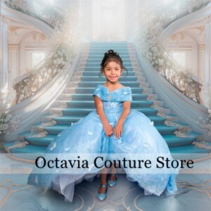 Blue Off Shoulder Flower Girl Dresses Bead 3D Flower Princess Dress For Girl Butterfly Appliques Beauty Pageant Gowns Customized
