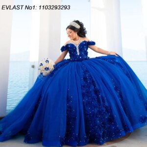 EVLAST Customized Shiny Royal Blue Quinceanera Dress Ball Gown Floral Applique Beading Corset Sweet 16 Vestido De 15 Anos E1Q181