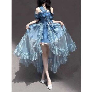 Gentle limited edition design sparkling starlight dreamy blue princess dress Lolita trailing dress for women