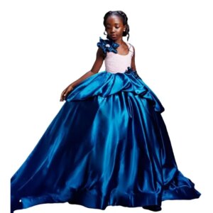 Blue Flower Girls Dresses Customized Sleeveless Retro Vestido De Novia Kids Satin Long Birthday Party Dress