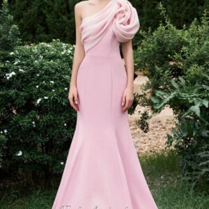 Heyday Pretty Mermaid Sleeves Formal Evening Dress One-shoulder Floor Length with Sweep Train Beading Chiffon Style Pink Women