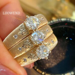 LUOWEND 100% 18K Yellow Gold Rings 0.50carat Real Natural Diamond Ring Vintage Palace Style High Party Jewelry for Women