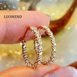LUOWEND 100% 18K White+Yellow Gold Earrings Fashion INS Style Shiny Hoop Earrings for Women High Party Jewelry Anniversary Gift