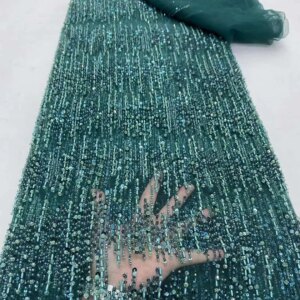 Elegant French Embroidery Heavy Beaded Net Lace Fabric African Nigerian Tulle Mesh Shiny Sequins Fabric For Wedding Dress