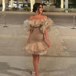 Customized Elegant Vintage Sexy Boat Neck Mermaid Ruffle Short Ball Formal Occasion Prom Dress Fashion Simple High quality
