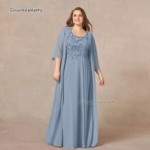 Plus Size Mother Of The Bride Groom Dress With Long Chiffon Jacket Customized Two Pieces Elegant Wedding Guest Dress