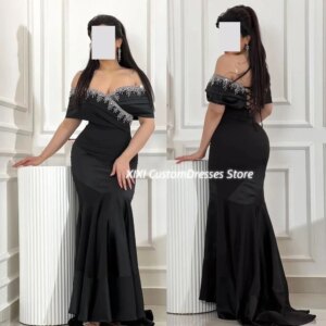 Customized Prom Dresses Off-The-Shoulder Neckline Dresses For Special Events Floor-Length Zipper Up Beadings Lining Short Sleeve