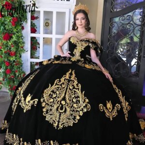 Black One Shoulder Ruffles Quinceanera Dresses Ball Gown Gold Appliques Lace Sweet 15 Años Mexican Customized