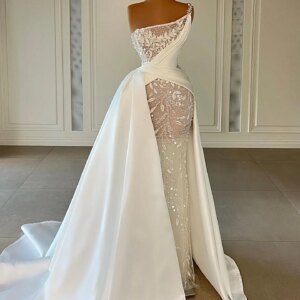 White Formal Prom Dress Lace Sequined Appliques One Strap Sweep Train Women Custom Made Evening Wedding Gowns Robes De Soirée