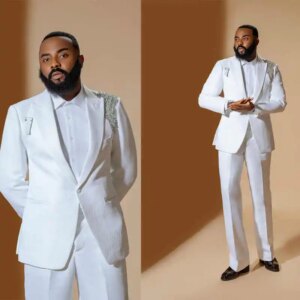 Elegant Appliques Men Wedding Suits Peaked Lapel Tuxedos Groom Wear 2 Pcs Jacket Pants Prom Evening Party Custom Made
