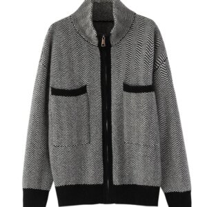 CHICUU Autumn Winter Women Herringbone 100% Cashmere Cardigan Stand-up Collar Casual Loose Sweater Cashmere Knitwear For Female