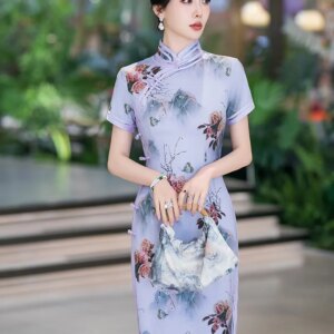 Ai Qi embroidery fashion improvement imitation silk double-layer short sleeve cheongsam dress skirt