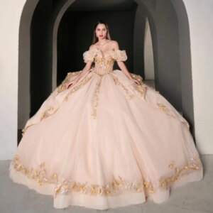 Customized champagne color Off Shoulder Quinceanera Dress Lace crystal applique 3D flower vestidos de 15 Quinceanera