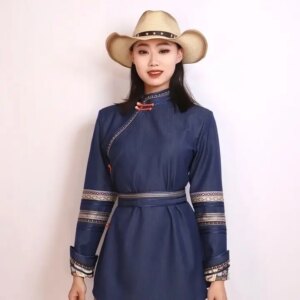 Mid-Length Denim Color Mongolian Diagonal Stitching Sleeves Top Skirt Robe Ethnic Fashion Elements Ladies
