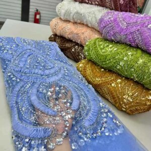 Luxurious African Groom Sequins Lace Fabric High Quality 2025 Heavy Beads Embroidery French Tulle Lace Nigerian Wedding Dress