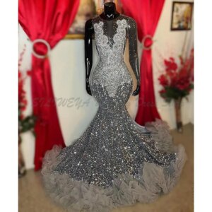 Elegant Grey Sparkly Sequins Prom Dresses Major Beads Sheer Neck Mermaid Party Dress Black Girls Backless Occasion Evening Gowns
