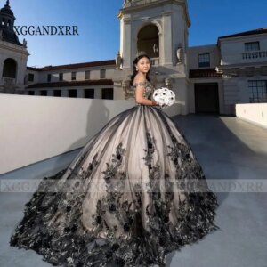 Customized Black Princess Tulle Ball Gown Quinceanera Dresses 2024 Vestidos De 15 Anos Lace Appliques 3D Floral Sweet 16 Dress